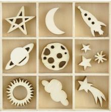 Kaisercraft Wooden Flourishes 55/Pkg - Star &amp; Moon